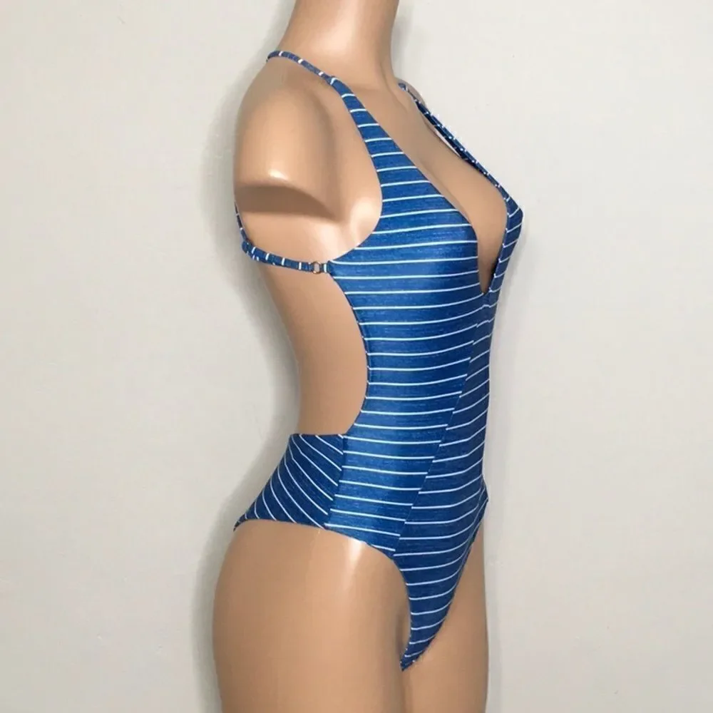 Rip Curl blue stripe plunge neck cheeky swimsuit. New